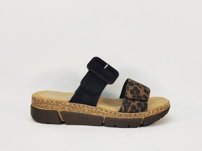 Mules femme RIEKER V2392 leopard grand confort compensée semelle anti stress à scratch