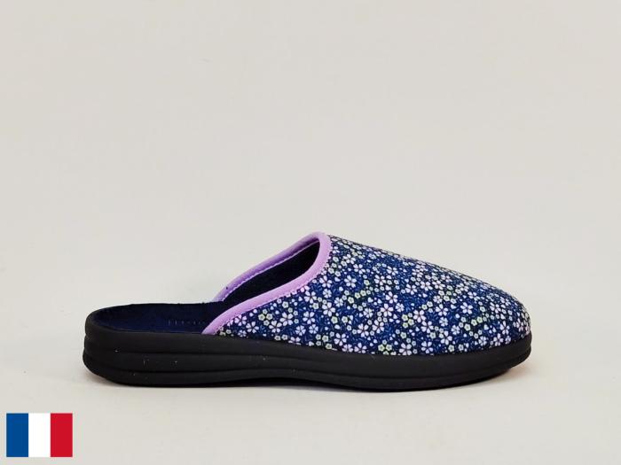 Chausson femme été pieds sensibles coton marine toile fleuris BOSSI loriane fabrication France