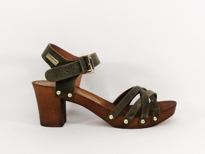 Sandale cuir talon bois destockage TROPEZIENNES toopaya kaki femme à pas cher