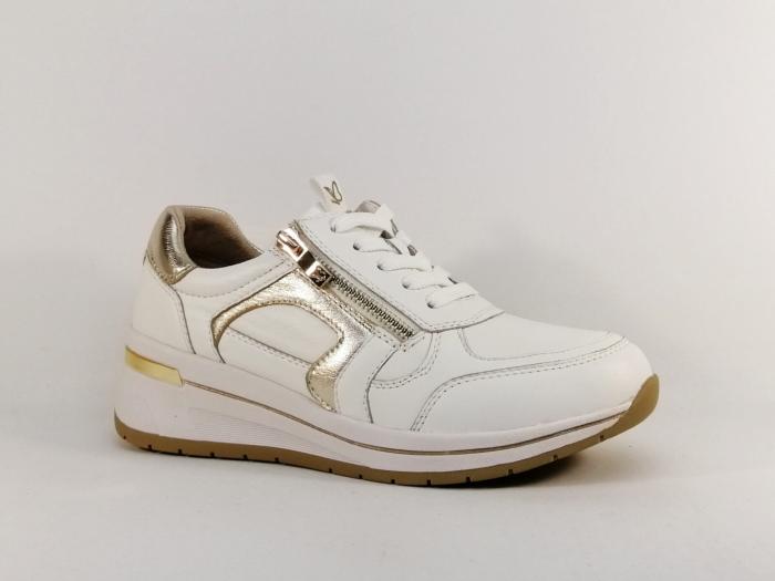 Basket femme pied large et sensible largeur H cuir blanc or CAPRICE 23300 chic confort