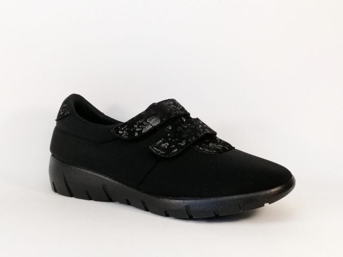 Chaussure pieds larges et sensibles femme très souple et confortable noir à velcro BOISSY 2291