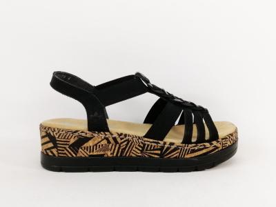 Sandale noire femme grand confort chic semelle antistress à élastiques RIEKER V3902