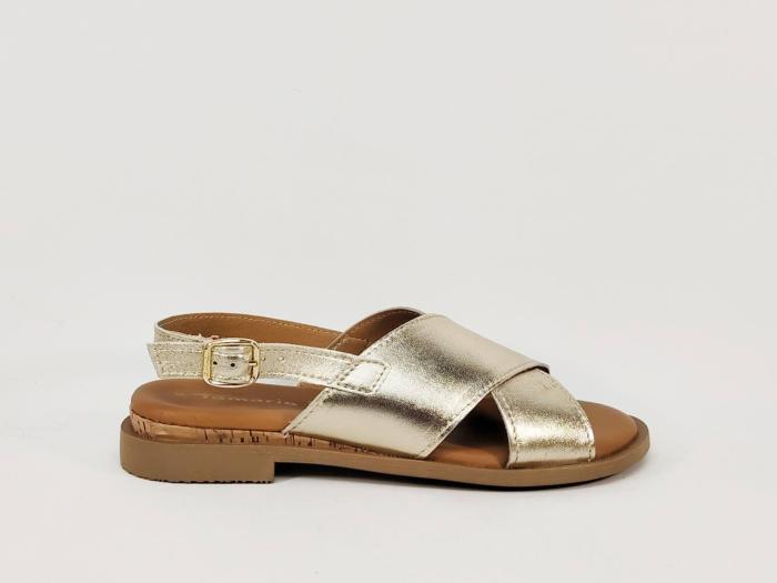 Sandales dorées femme plates croisées en cuir souple confortable et chic TAMARIS 28102