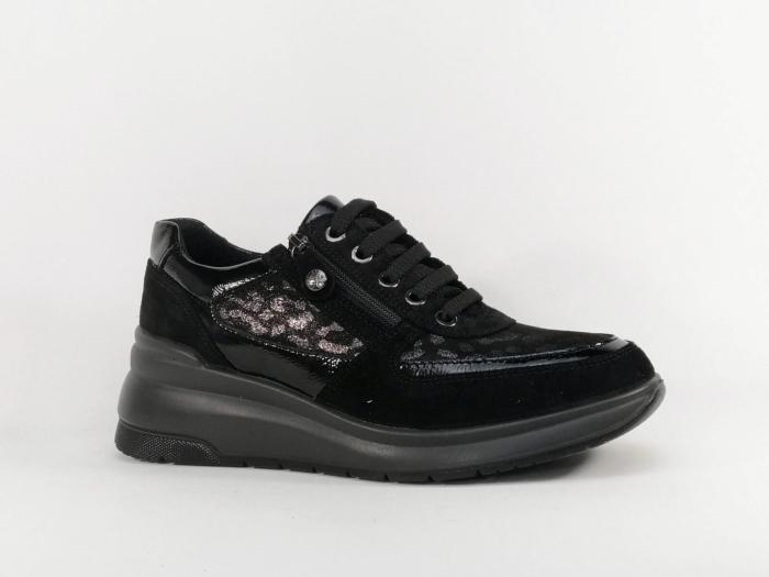 Basket noire femme très confortable en cuir compensée habillée destockage IMAC 6085403
