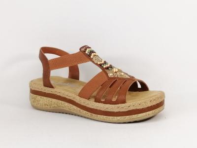 Sandale femme RIEKER V0921 grand confort camel semelle antistress à élastiques