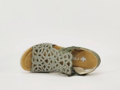 Sandale femme compensée chic grand confort vert et strass RIEKER 67465 à élastiques