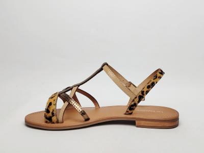 Sandale plate femme destockage TROPEZIENNES hirogumpo cuir camel leopard chic à pas cher