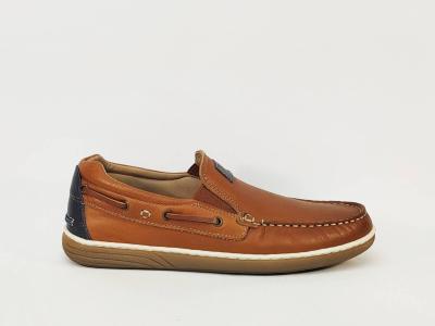 Chaussure bateau homme cuir souple camel pieds larges grand confort ORLAND 24053