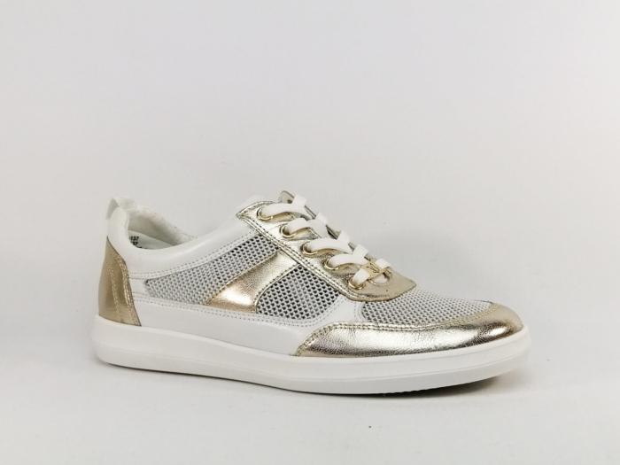 Basket de ville femme chic et confortable CAPRICE 23704 largeur G cuir blanc et or
