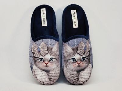 Chausson mule femme motif chat originale et confortable en velours CHIC & RELAX ramilia à pas cher
