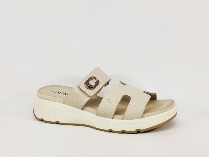 Mule compensée femme cuir beige chic confortable à scratch destockage CARMELA 162330 à pas cher