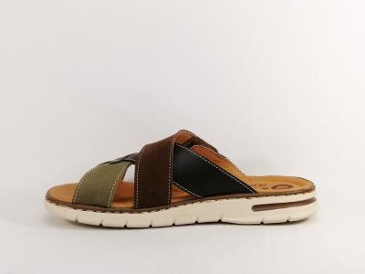 Mule homme cuir kaki marron grand confort à velcro ORLAND 25007