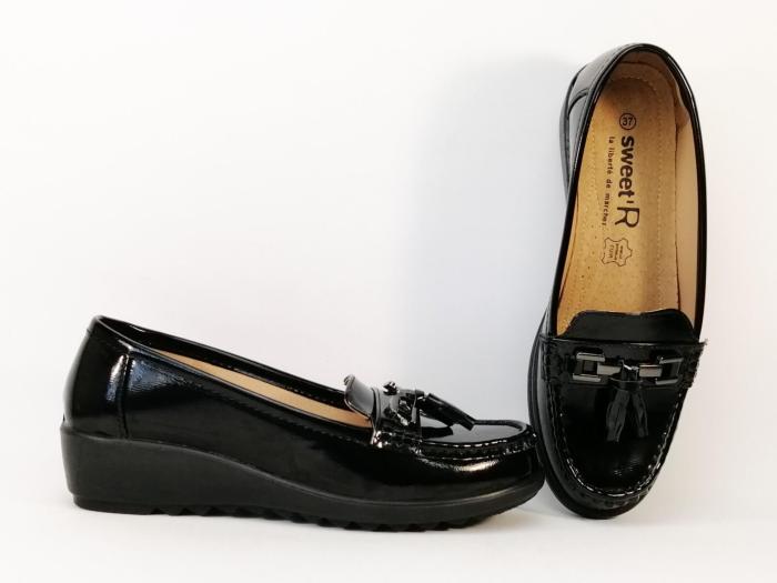 Mocassin compensé femme vernis noir SWEET'R crepu tendance à pas cher