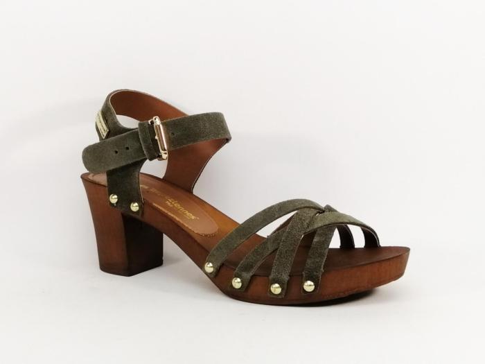 Sandale cuir talon bois destockage TROPEZIENNES toopaya kaki femme à pas cher