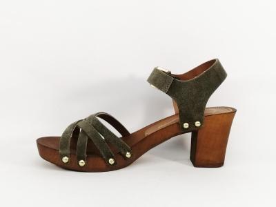 Sandale cuir talon bois destockage TROPEZIENNES toopaya kaki femme à pas cher