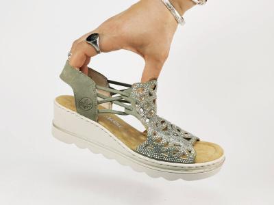 Sandale femme compensée chic grand confort vert et strass RIEKER 67465 à élastiques