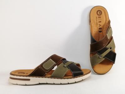Mule homme cuir kaki marron grand confort  velcro ORLAND 25007