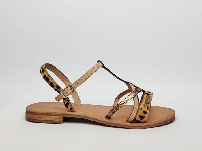 Sandale plate femme destockage TROPEZIENNES hirogumpo cuir camel leopard chic à pas cher