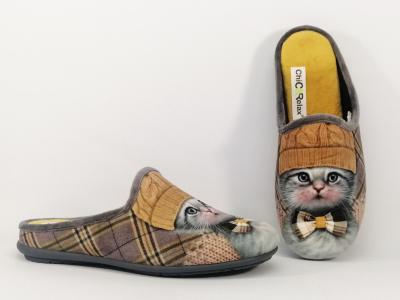 Chausson mule motif chat femme velours jaune gris CHIC & RELAX rebus