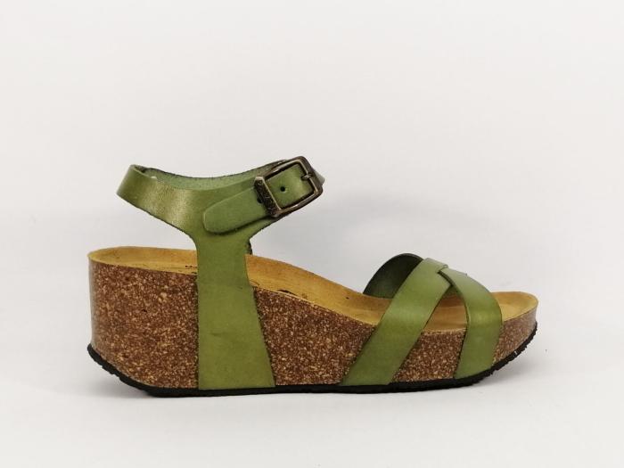 Sandale femme confortable compensée semelle bio tout cuir vert PLAKTON So Final