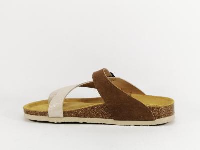 Tong femme chic et confortable cuir beige marron PLAKTON barbados fabrication Espagne