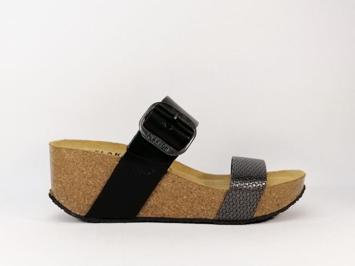 Mule compensée femme en cuir noir semelle bio PLAKTON so rock