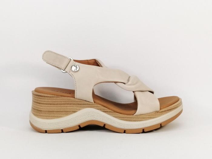 Sandale compensée femme grand confort tout cuir beige PAULA URBAN 27-574 Fabrication Espagne
