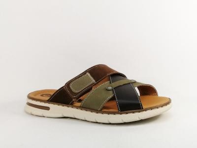 Mule homme cuir kaki marron grand confort à velcro ORLAND 25007