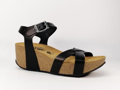 Sandale compense noir tout cuir semelle bio PLAKTON So final pour femme