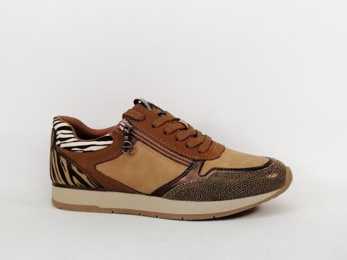 Basket femme tendance et confortable TAMARIS 23603-42 cognac zebre vegan