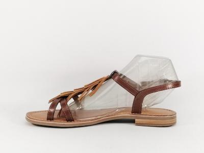Sandale plate femme avec frange cuir camel en destockage TROPEZIENNES belie