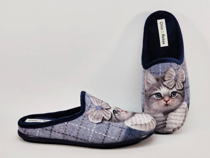 Chausson mule femme motif chat originale et confortable en velours CHIC & RELAX ramilia à pas cher
