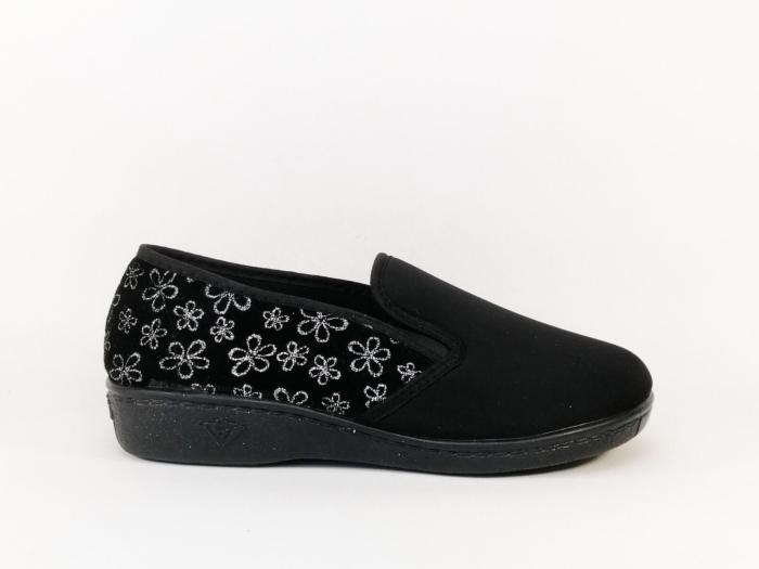 Mocassin femme pieds larges et sensibles en toile souple noir confortable BOISSY 6291