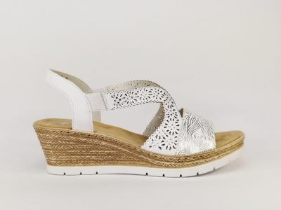 Sandale blanche compensée très confortable RIEKER 61916 pour femme