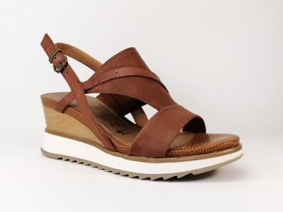Sandale cuir camel nut  talon compens TAMARIS 28318 pour femme
