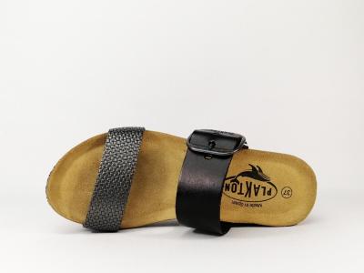 Mule compensée femme en cuir noir semelle bio PLAKTON so rock