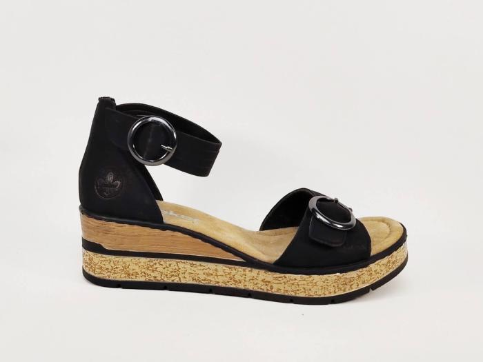 Sandale compensée noire femme chic et confortable double scratch RIEKER 63780 semelle antistress