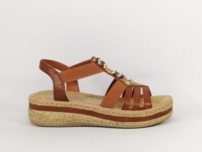 Sandale femme RIEKER V0921 grand confort camel semelle antistress à élastiques