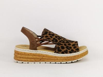 Sandale leopard femme chic confortable grande largeur RIEKER 62741-90 à élastiques