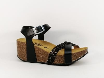 Sandale compense femme cuir noir chic et confortable PLAKTON so final kimya