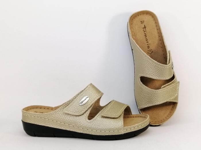 Mule femme cuir or confortable destockage TAMARIS 27510 pieds larges sensibles