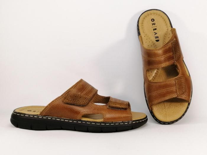 Mule homme cuir camel grand confort pieds larges à velcro ORLAND 23026
