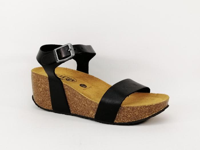 Sandale compensée tout cuir noir PLAKTON So kiss femme Fabrication Espagne