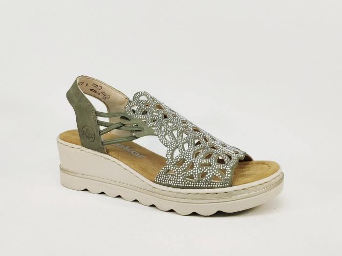 Sandale femme compensée chic grand confort vert et strass RIEKER 67465 à élastiques