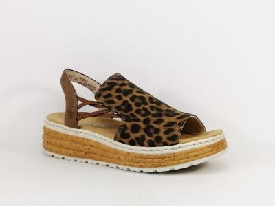 Sandale leopard femme chic confortable grande largeur RIEKER 62741-90  lastiques