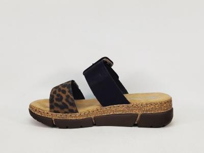 Mules femme RIEKER V2392 leopard grand confort compensée semelle anti stress à scratch