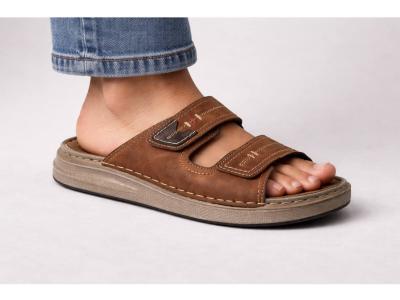 Mule homme confortable cuir marron à scratch pieds larges semelle épaisse MORAN'S tashat