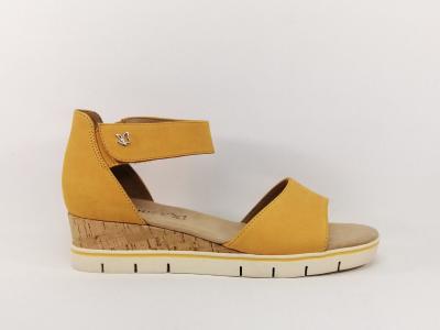 Sandale femme cuir jaune, talon fermé confortable largeur G CAPRICE 28701