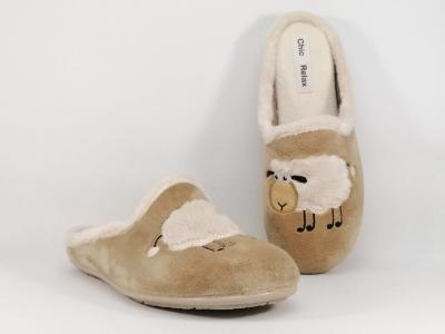 Chausson mule motif mouton original et confortable CHIC & RELAX retina beige femme