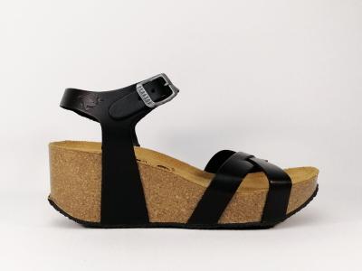 Sandale compensée noir tout cuir semelle bio PLAKTON So final pour femme